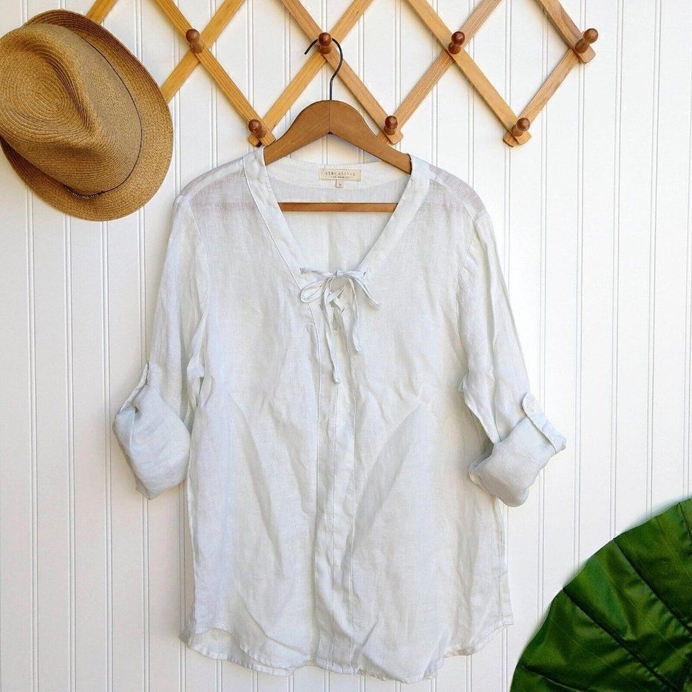 Side Stitch White Linen lace Up Top Size M Roll Tab Sleeves Lagenlook Blouse